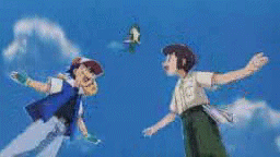 Serebii takes Satoshi and Yukinari out for a flight above the forest